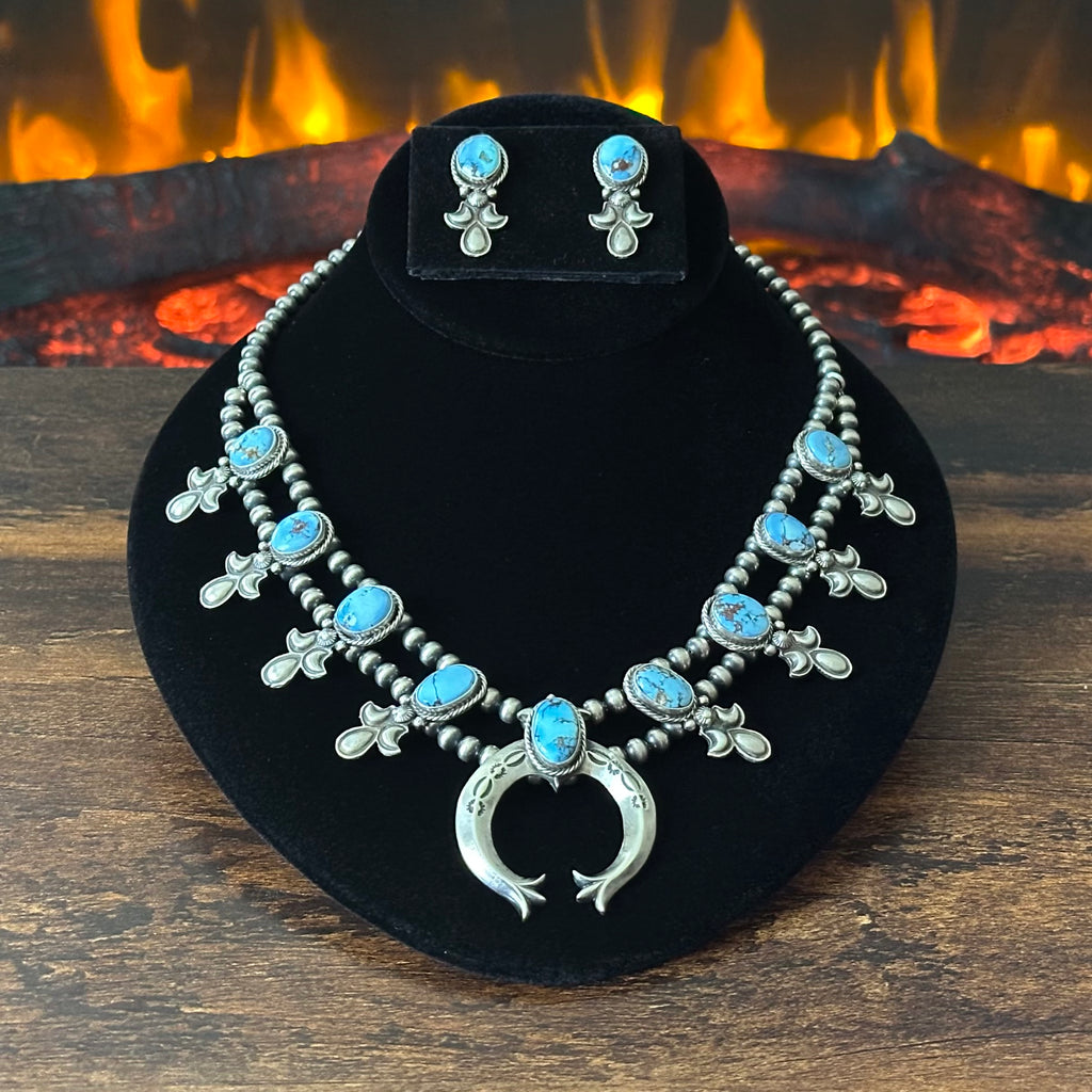 Navajo Adrienne Gordon Golden Hills Turquoise 9 Stone Sterling Hand Stamped Squash Blossom Necklace Earrings Set
