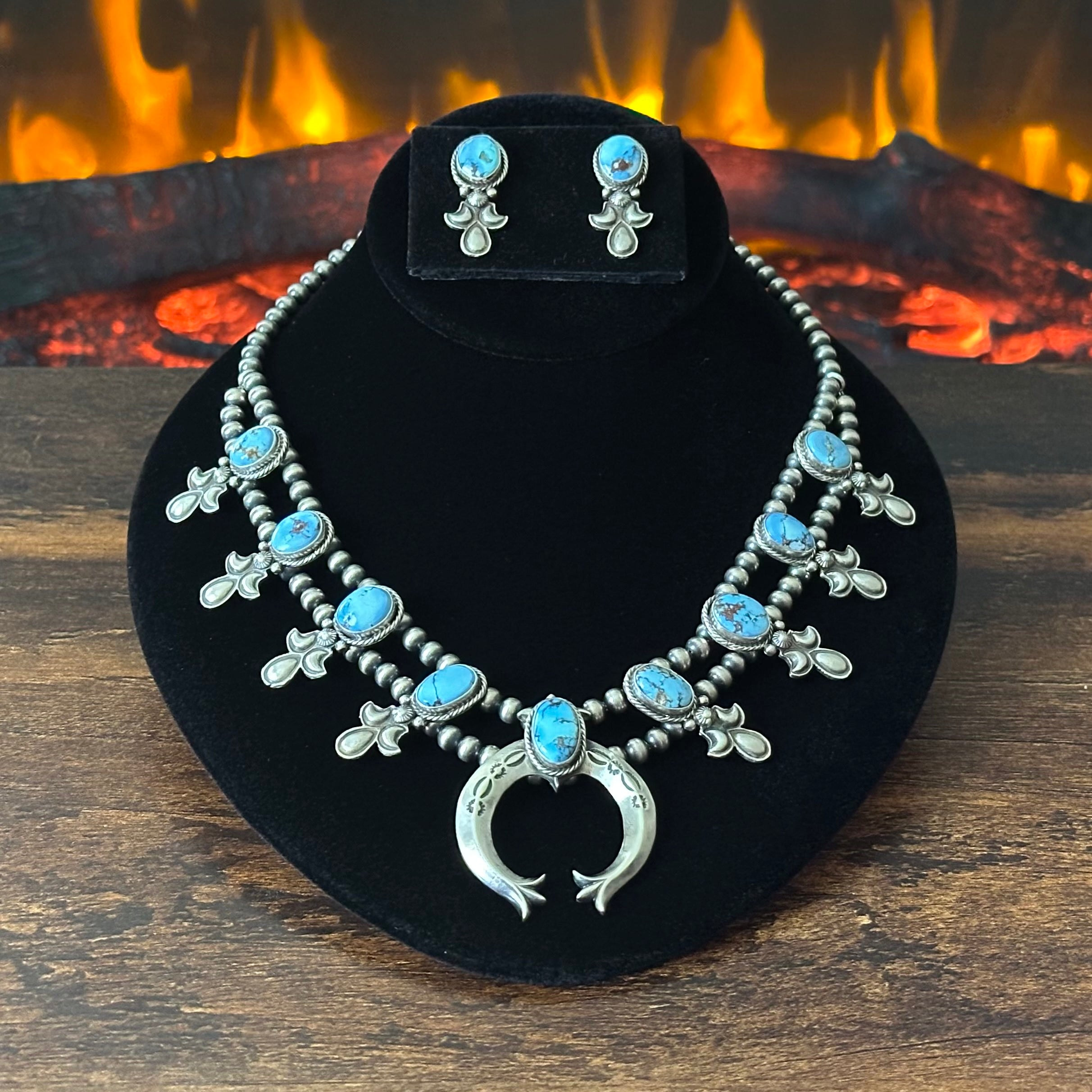 Navajo Adrienne Gordon Golden Hills Turquoise 9 Stone Sterling Hand Stamped Squash Blossom Necklace Earrings Set