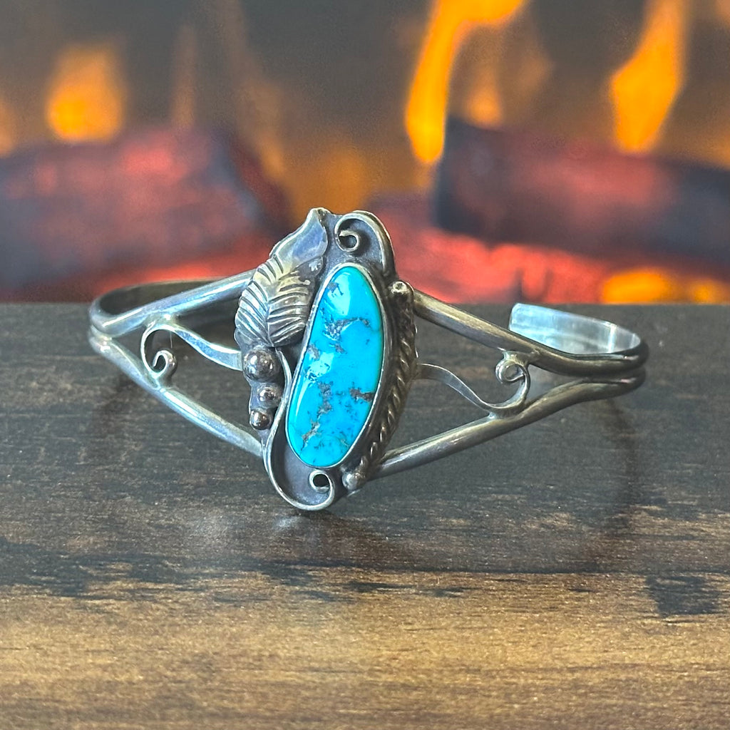 Navajo Delbert & J Clark Turquoise Sterling Twist Wire Raindrop Leaf Cuff