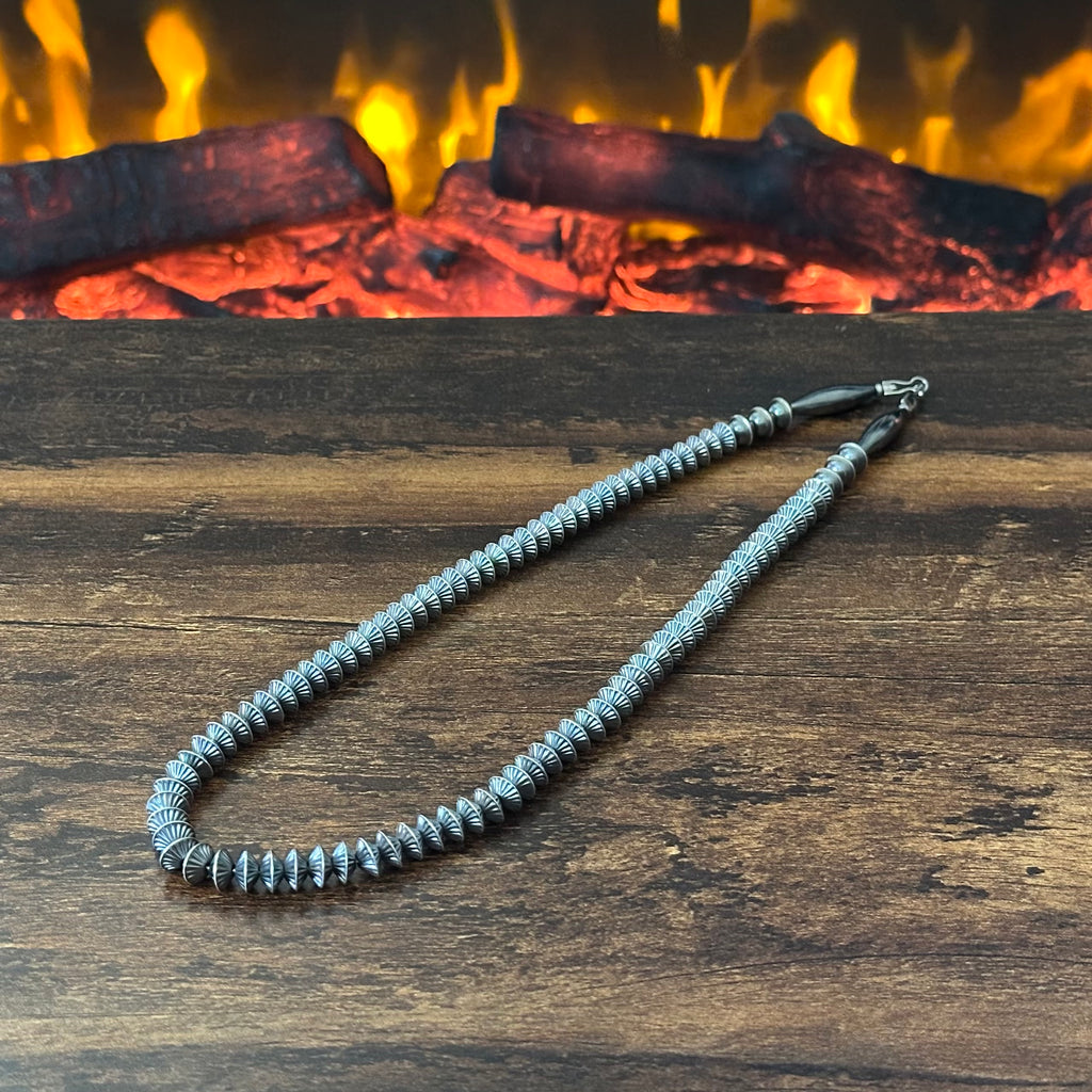 Sterling Oxidized Fluted Bench Bead Necklace
