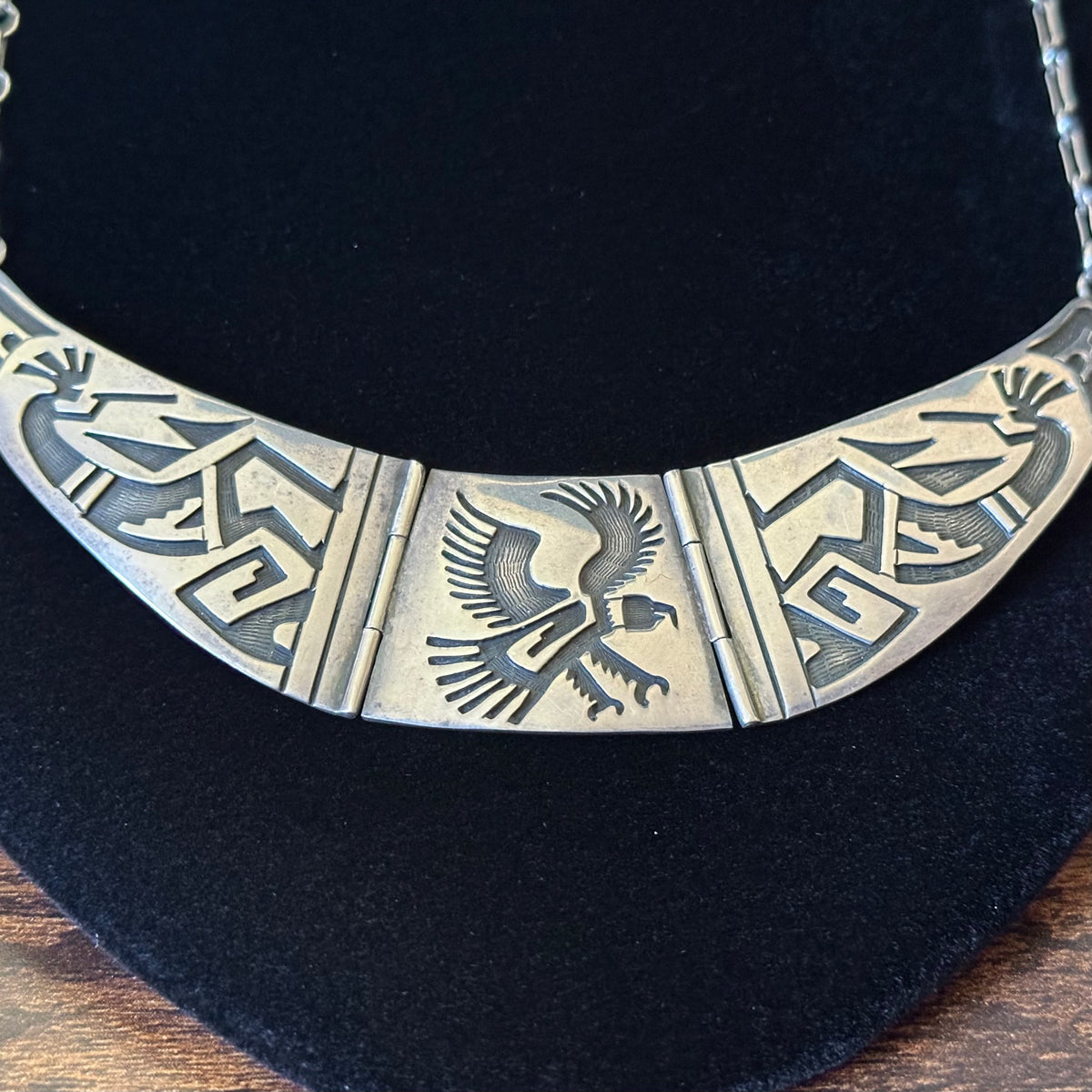 LD Signed Sterling Overlay Kokopelli Eagle Hinged Necklace