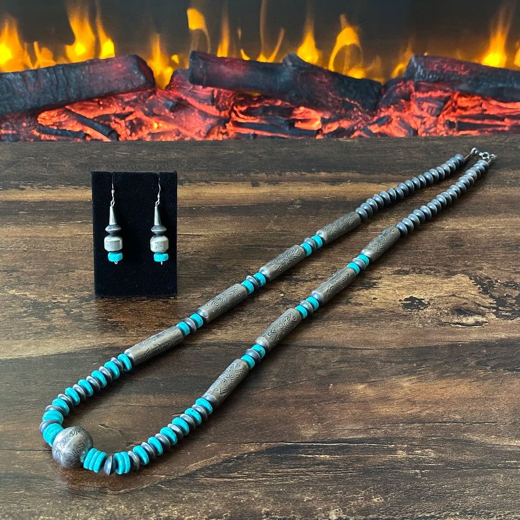 Navajo Sophia Becenti Turquoise Sterling Graduated Handmade Stamped Cylinder Bead Necklace Earrings Set