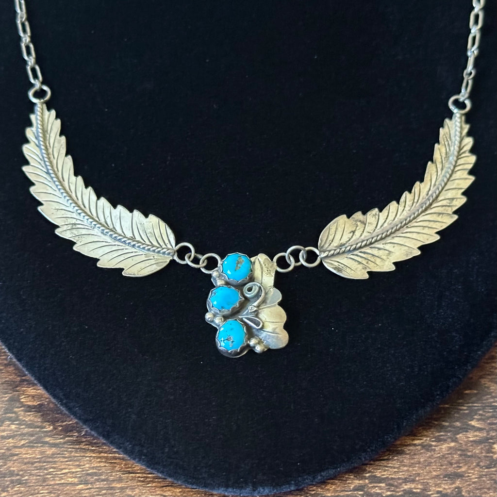 Turquoise 3 Stone Sterling Twist Wire Feather Necklace