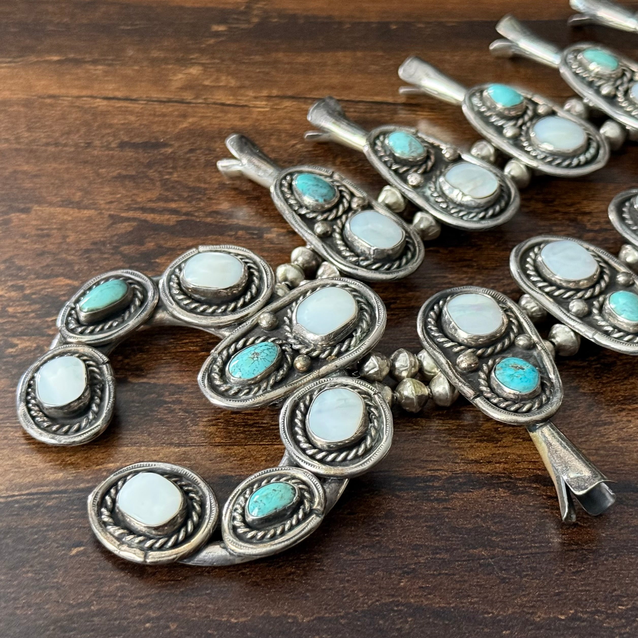 Vintage Turquoise Mother of Pearl 32 Stone Sterling Handmade Bead Stamped Twist Wire Squash Blossom