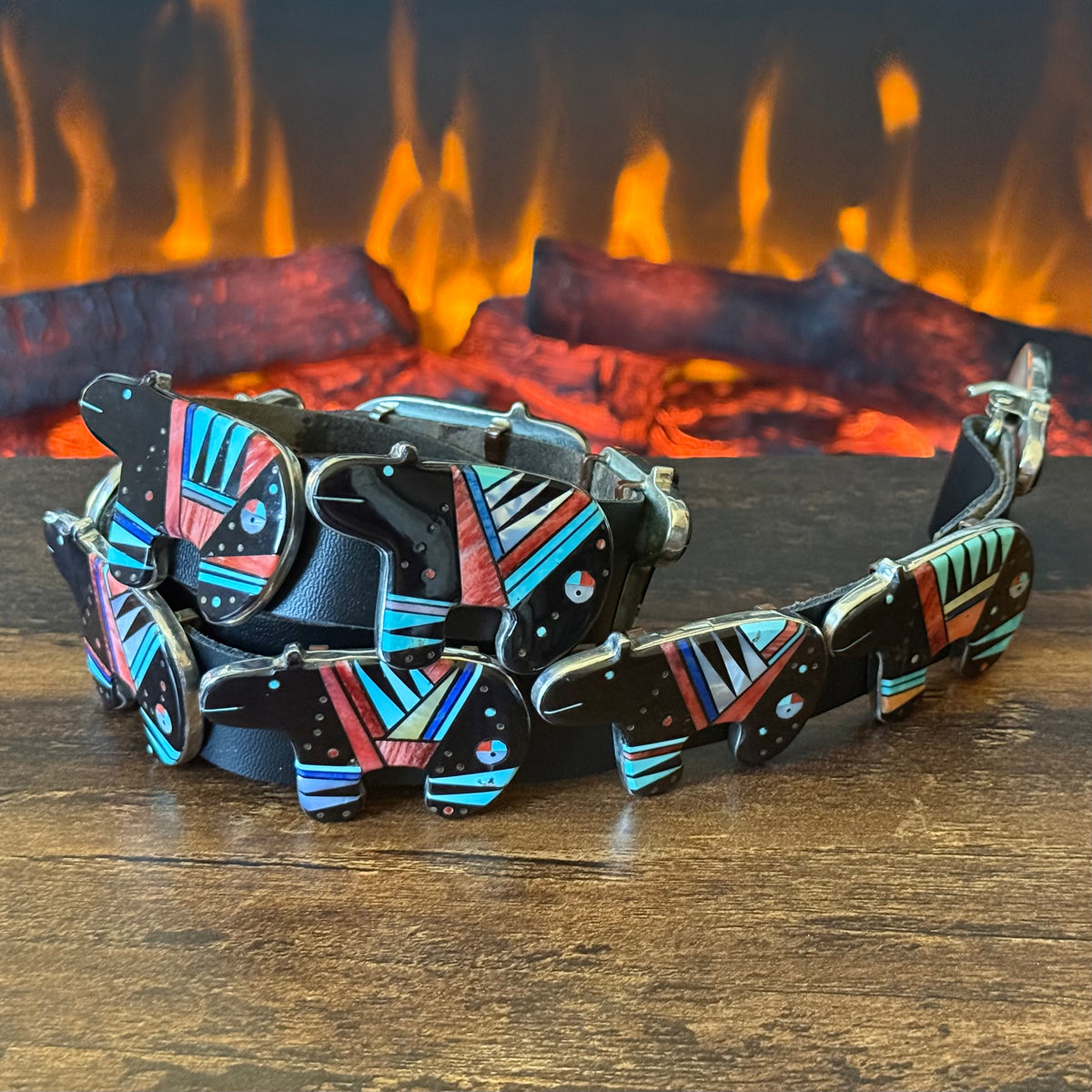 6pc Navajo Gilbert Smith Turquoise Onyx Spiny Oyster Lapis MOP Sterling Micro Inlay Bear Set