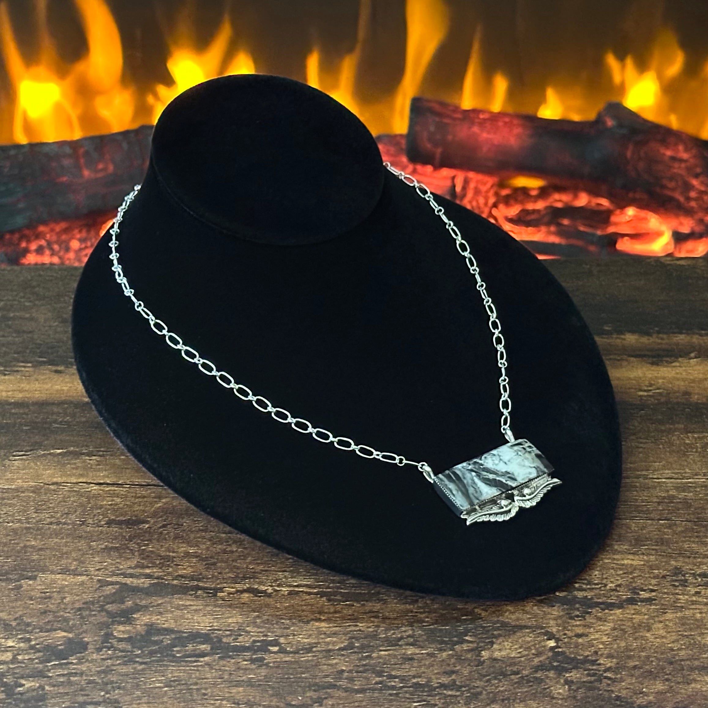 Navajo Gregg Yazzie White Buffalo Sterling Feather Bar Pendant Necklace