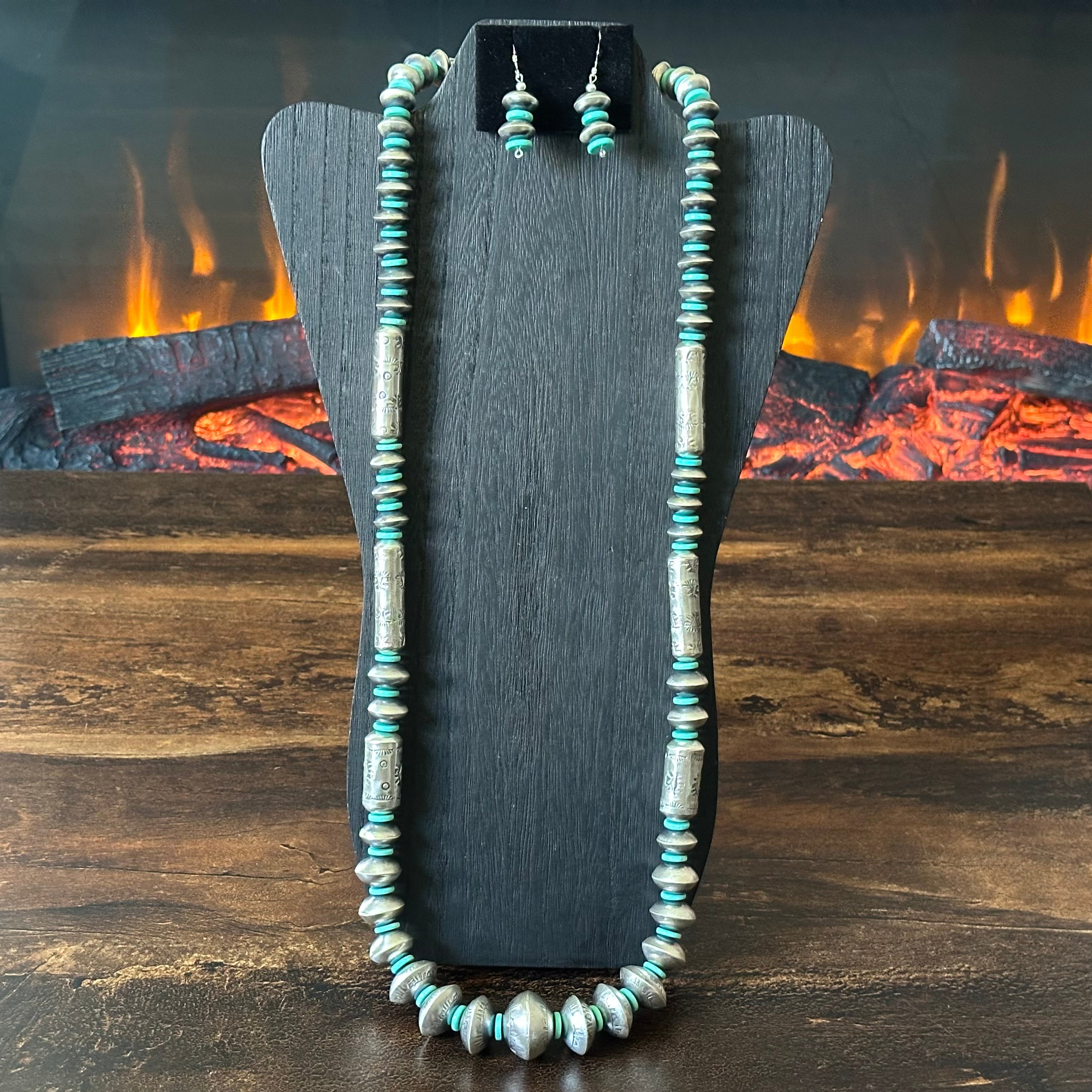 Navajo Tysha Aparicio Turquoise Sterling Handmade Cylinder Bead Stamped Necklace Earrings Set