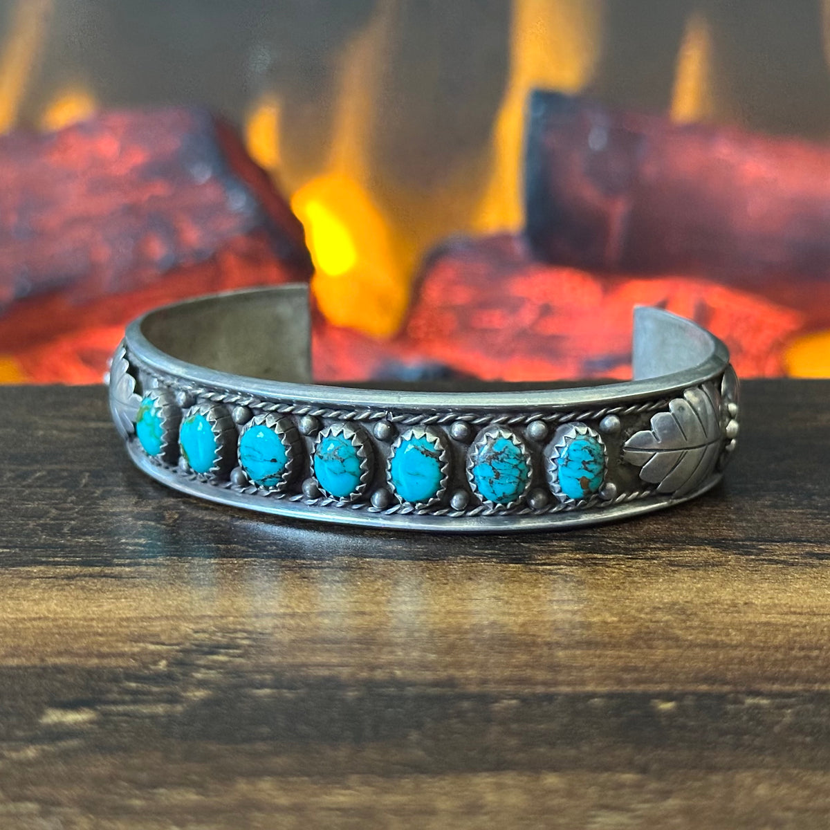 Vintage Turquoise 7 Stone Sterling Raindrop Stacker Leaf Cuff