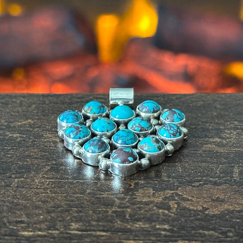Navajo Martin Perry Turquoise 13 Stone Sterling Raindrop Heart Cluster Pendant