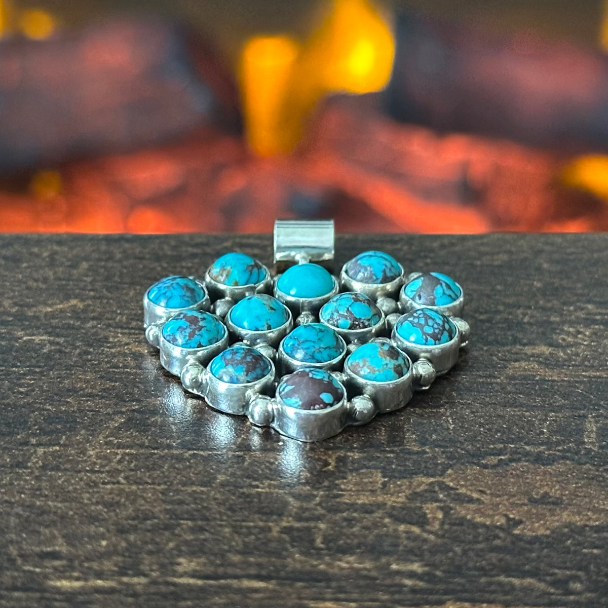 Navajo Martin Perry Turquoise 13 Stone Sterling Raindrop Heart Cluster Pendant