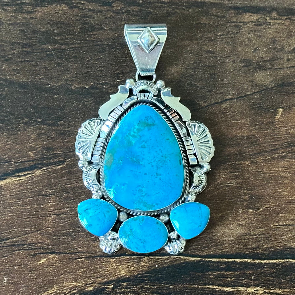 Navajo Emerson Delgarito Turquoise 4 Stone Sterling Twist Wire Bezel Statement Pendant