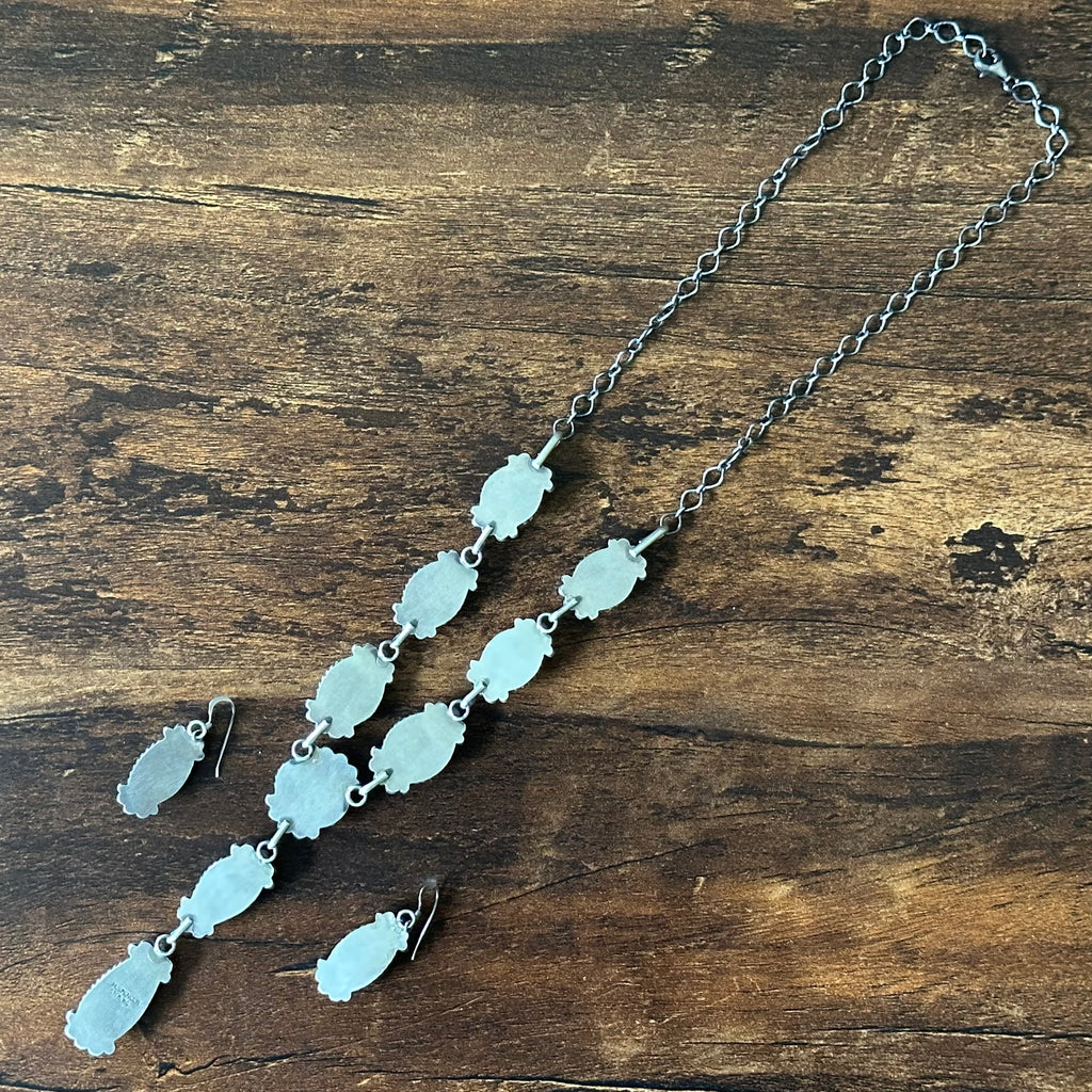 Navajo Mary Ann Spencer Golden Hills Turquoise 9 Stone Sterling Raindrop Lariat Necklace Earrings Set