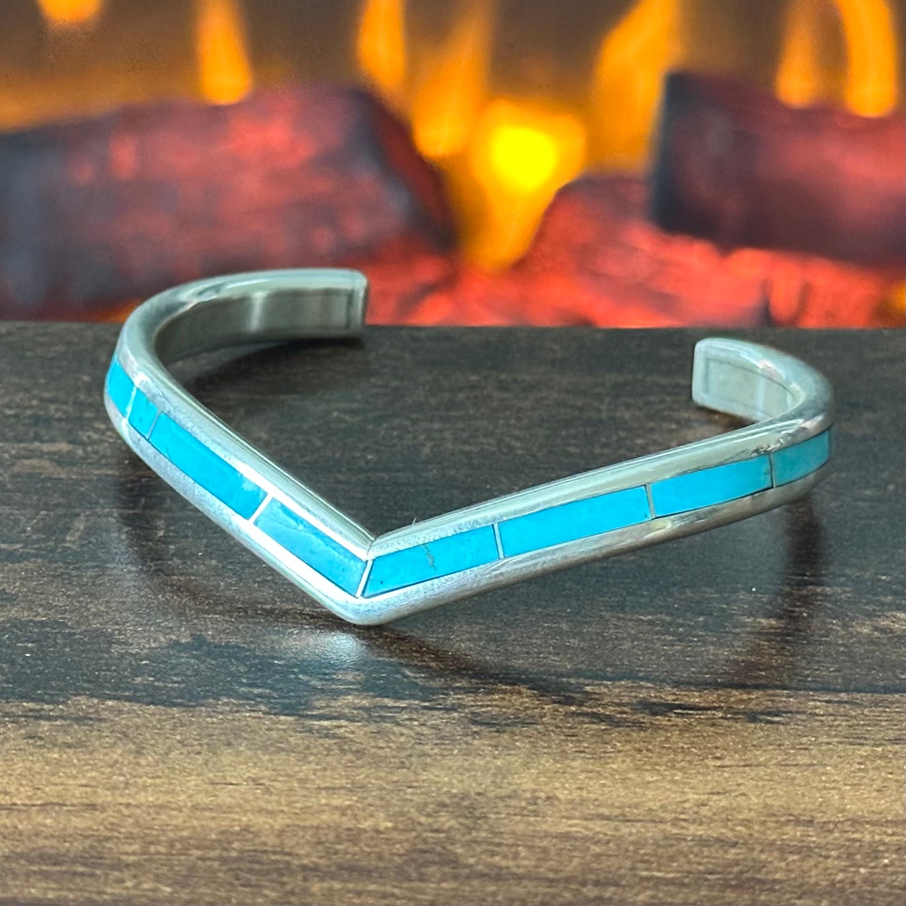 Zuni Larry Loretto Turquoise Sterling Inlay Chevron Cuff
