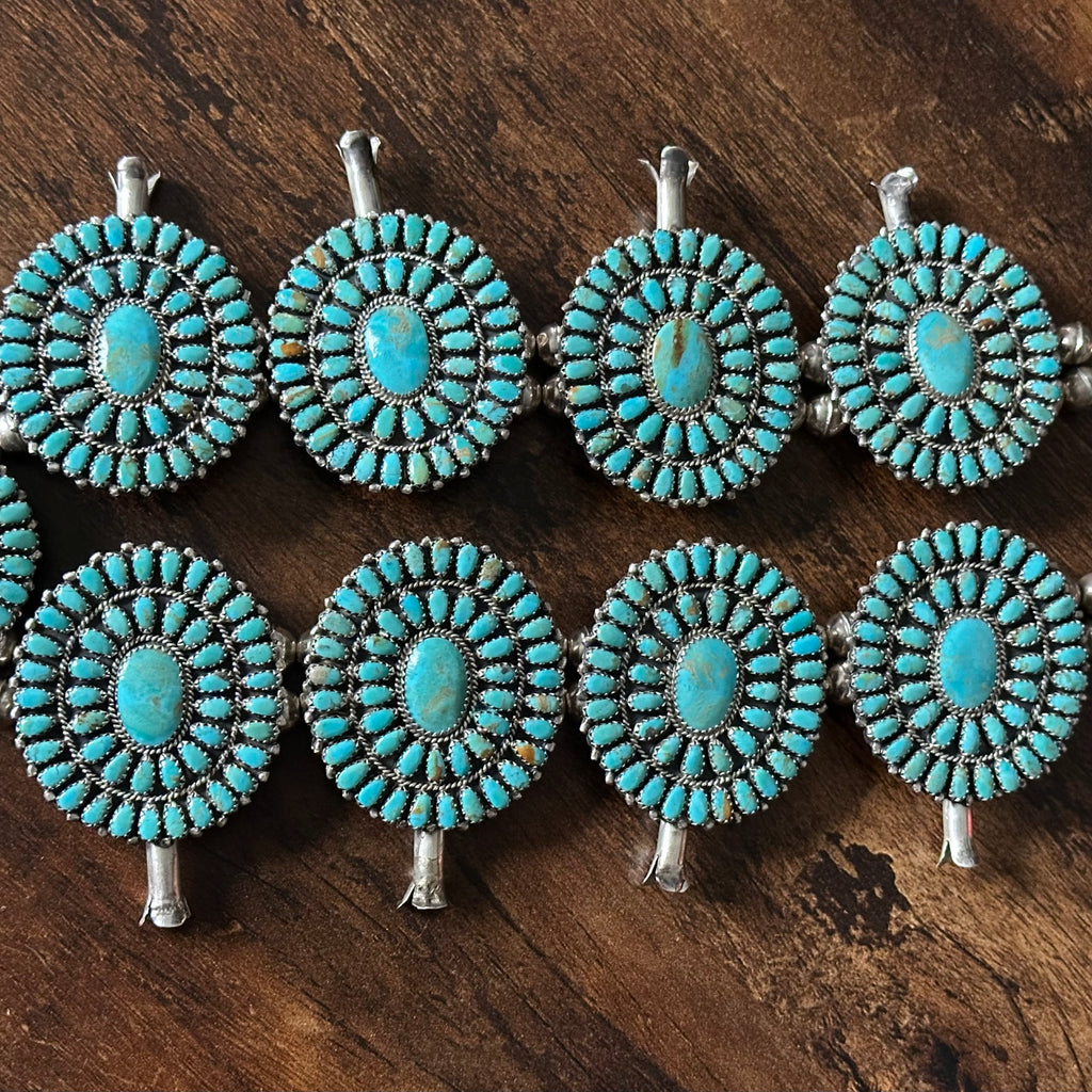 Navajo Larry Moses Begay Turquoise 473 Stone Sterling Petite Point Cluster Squash Blossom Necklace