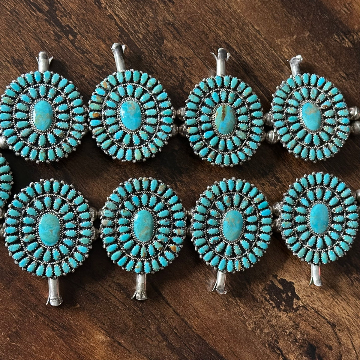 Navajo Larry Moses Begay Turquoise 473 Stone Sterling Petite Point Cluster Squash Blossom Necklace