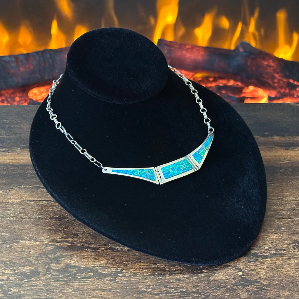 Navajo John Nelson Green Opal Sterling Hinged Inlay Necklace