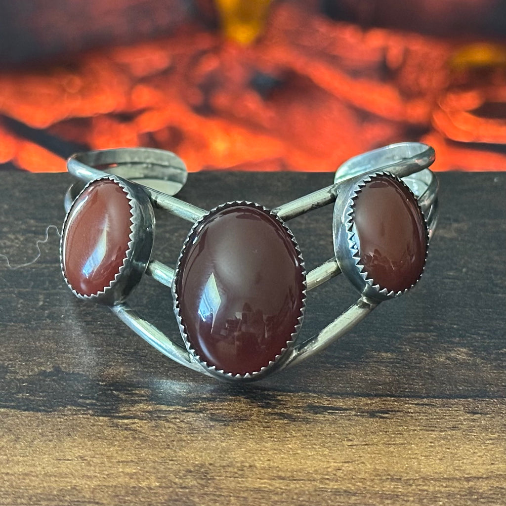 BR Electropen Signed Carnelian 3 Stone Sterling Triple Shank Cuff