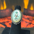 Vintage Mother of Pearl Turquoise Abalone Sterling Twist Wire Bezel Yei Figure Inlay Ring