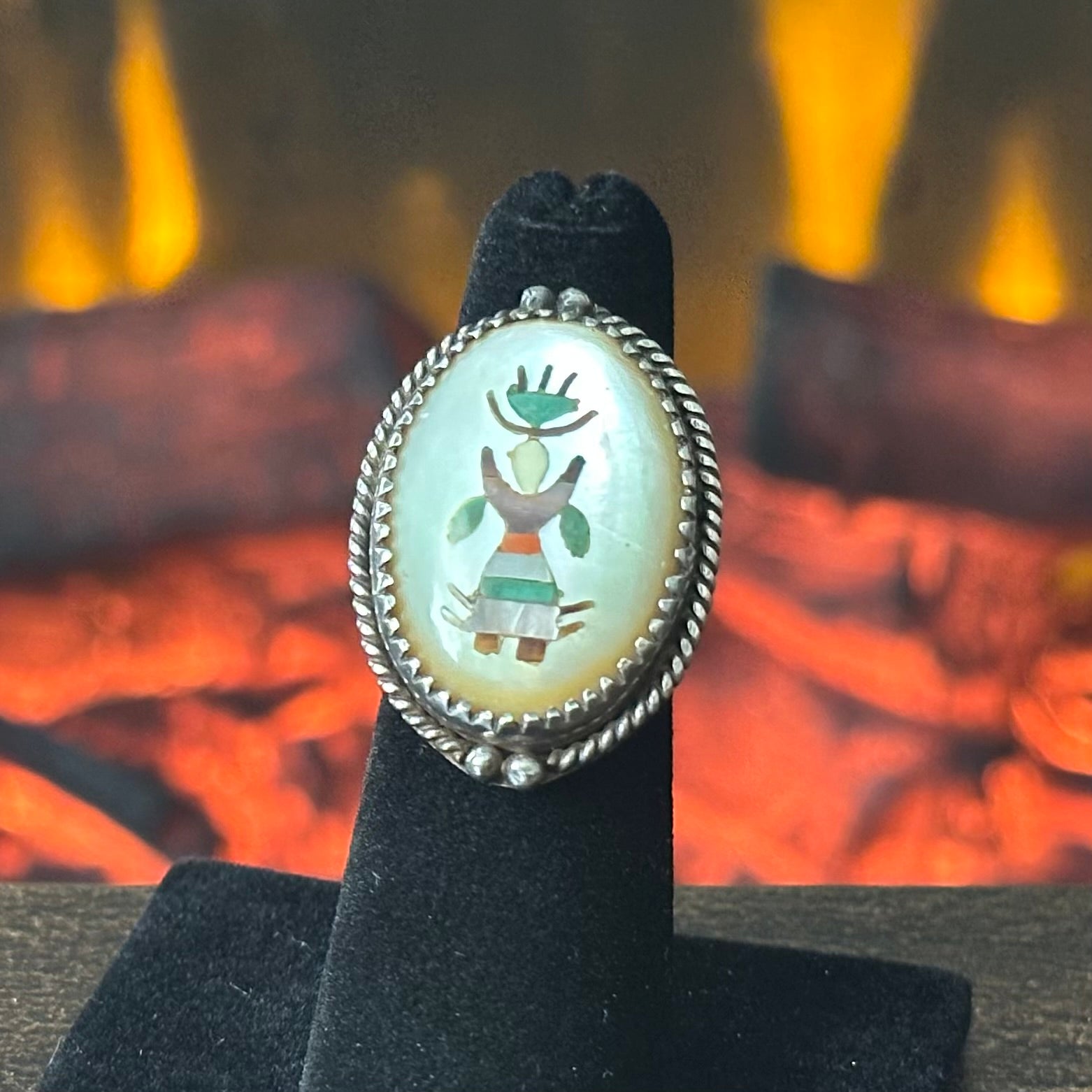 Vintage Mother of Pearl Turquoise Abalone Sterling Twist Wire Bezel Yei Figure Inlay Ring