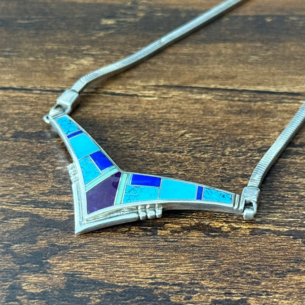 Navajo Charles Willie Turquoise Lapis Sugilite Gaspeite Sterling Chevron Inlay Necklace