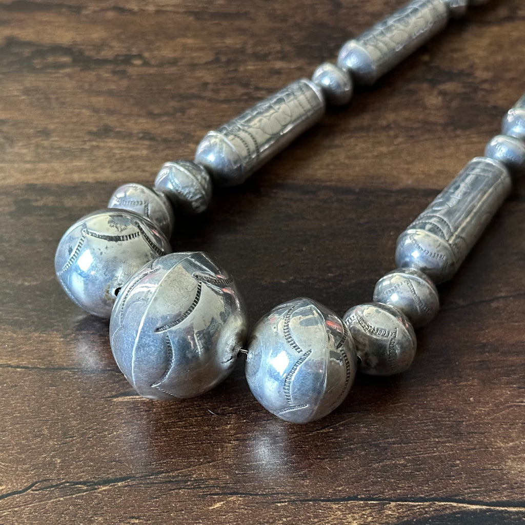 Sterling Handmade Graduated Cylinder Bead Stamped Floral Necklace