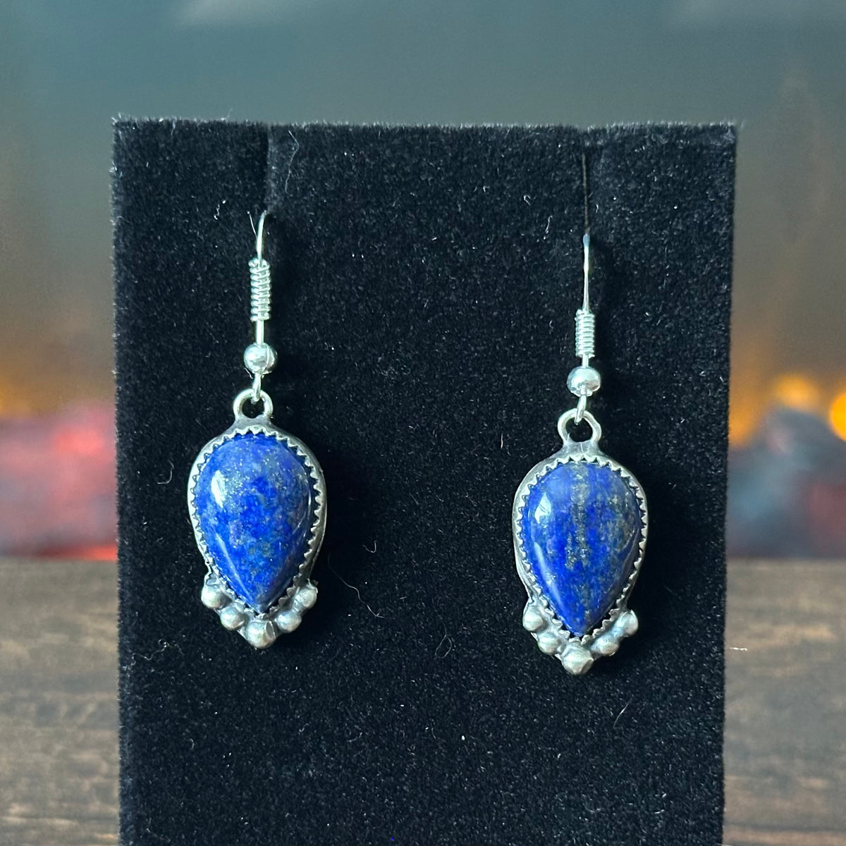 Navajo Phil & Lenora Garcia Lapis 23 Stone Sterling Raindrop Squash Blossom Earrings Set