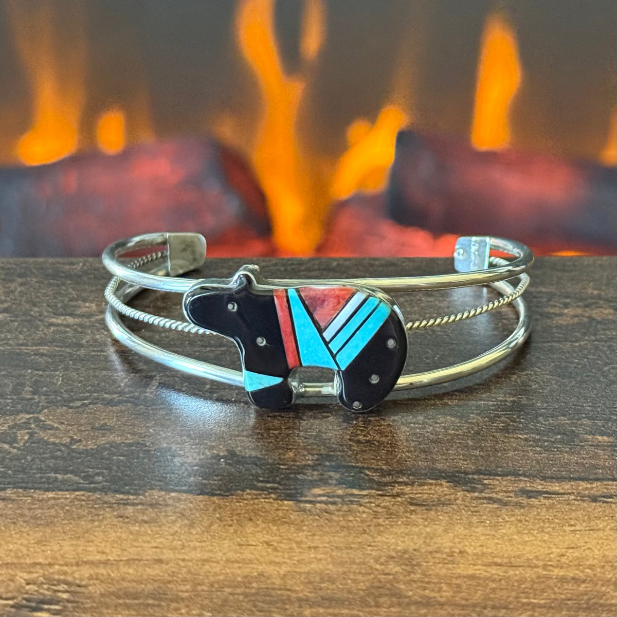 Navajo Gilbert Smith Turquoise Onyx Spiny Oyster Mother of Pearl Bear Micro Inlay Sterling Twist Wire Cuff