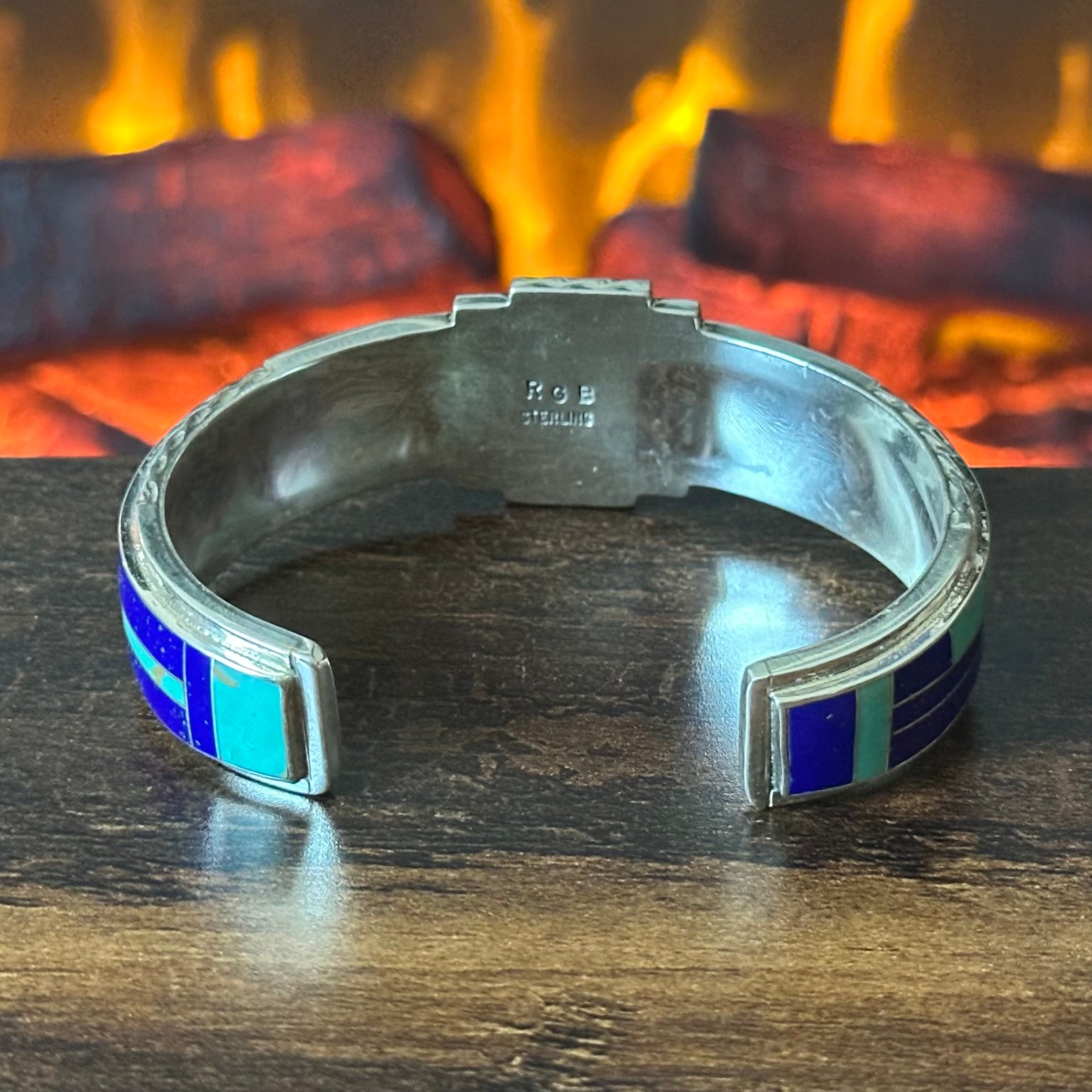 Zuni Rickell & Glendora Booqua Turquoise Lapis Sterling Wraparound Inlay Cuff