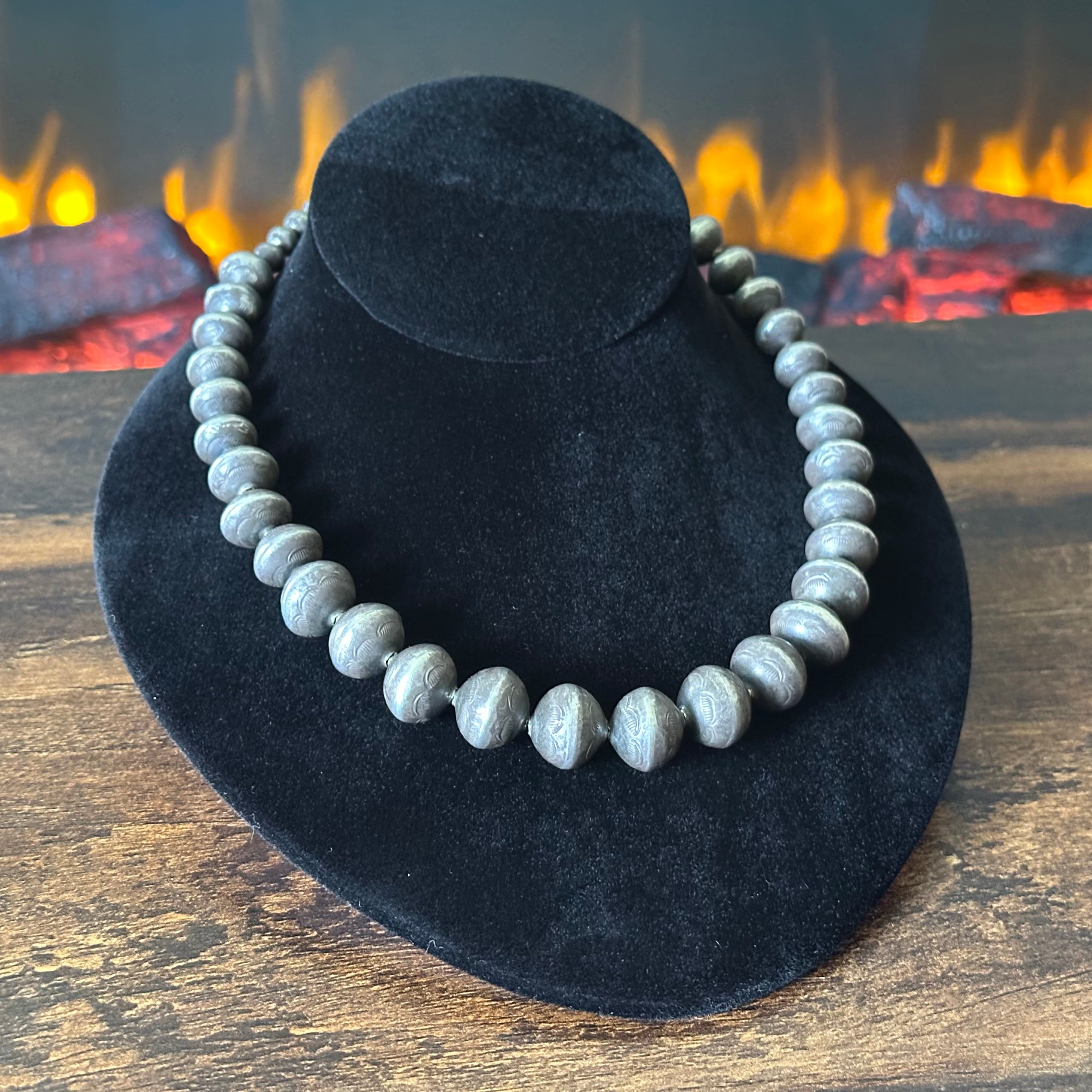Handmade Vintage Oxidized Sterling Pearl Stamped Necklace