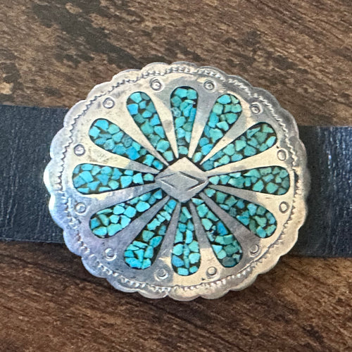 Crushed Turquoise 10 Concho Hand Stamped Floral Belt