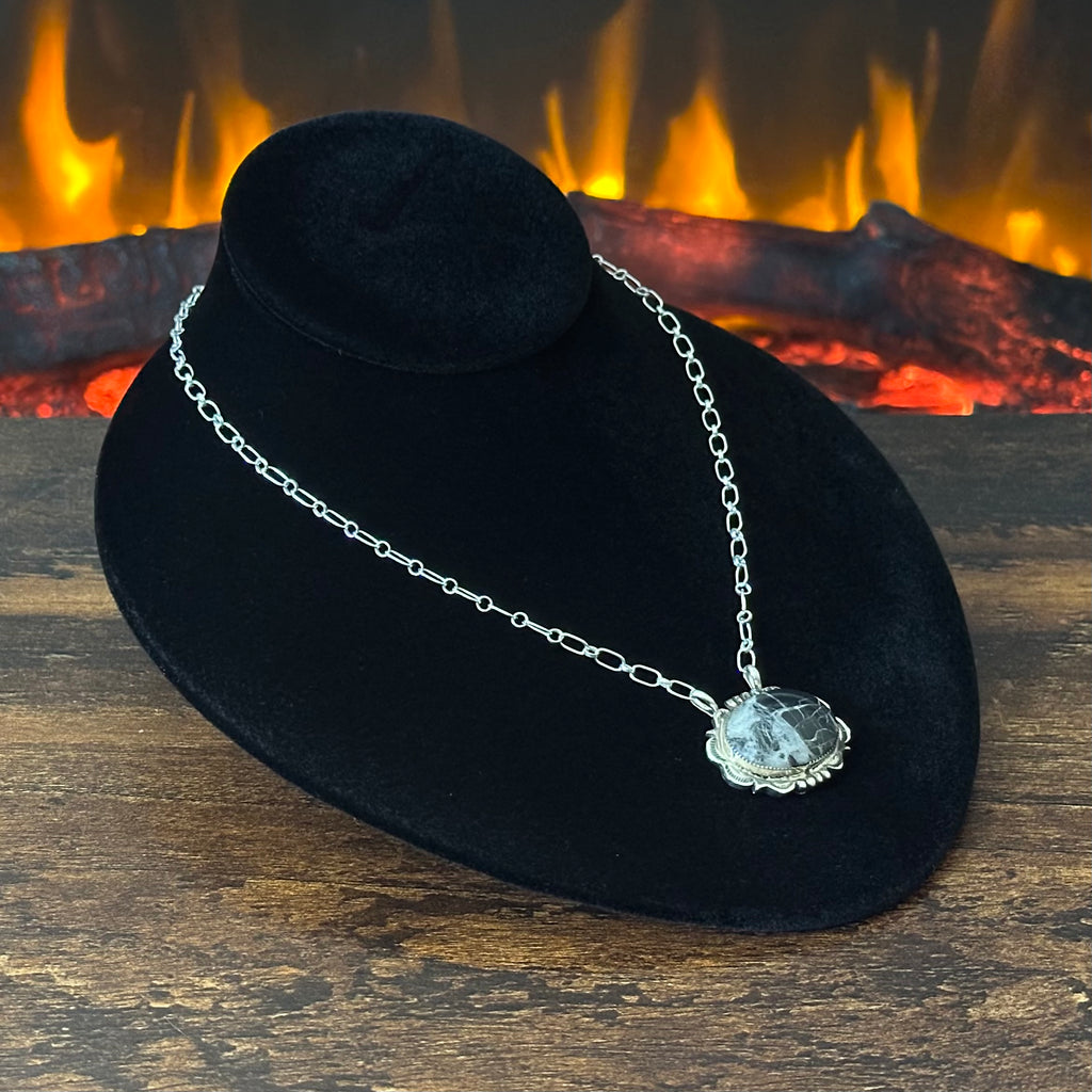 Navajo Leroy Silversmith White Buffalo Sterling Hand Stamped Pendant Necklace