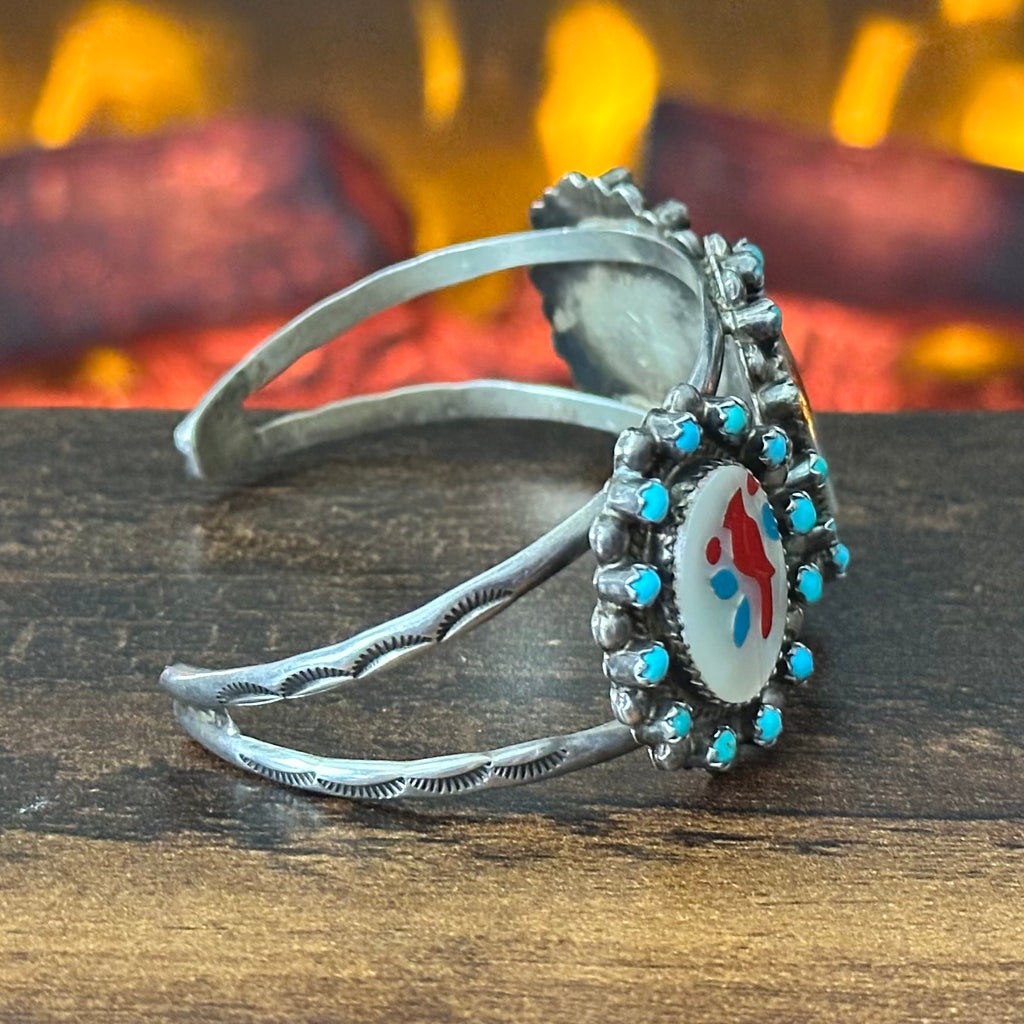 Navajo Antonio Yazzie Turquoise Red Coral Mother of Pearl 36 Stone Sterling Snake Eye Cardinal Inlay Cuff