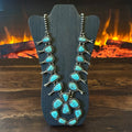 1960-70s Turquoise 20 Stone Chunky Sterling Handmade Bead Squash Blossom
