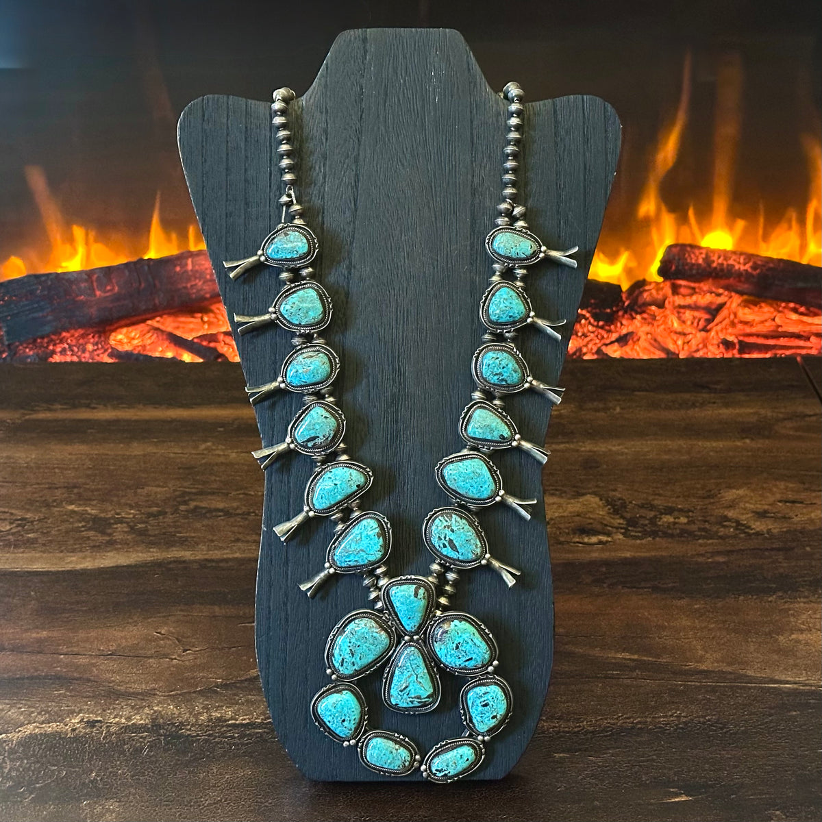 1960-70s Turquoise 20 Stone Chunky Sterling Handmade Bead Squash Blossom