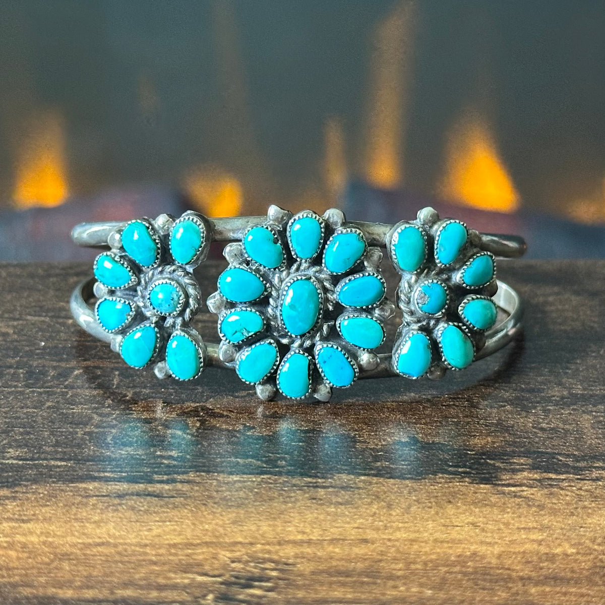 Vintage Turquoise 25 Stone Sterling Petite Point Floral Cluster Cuff