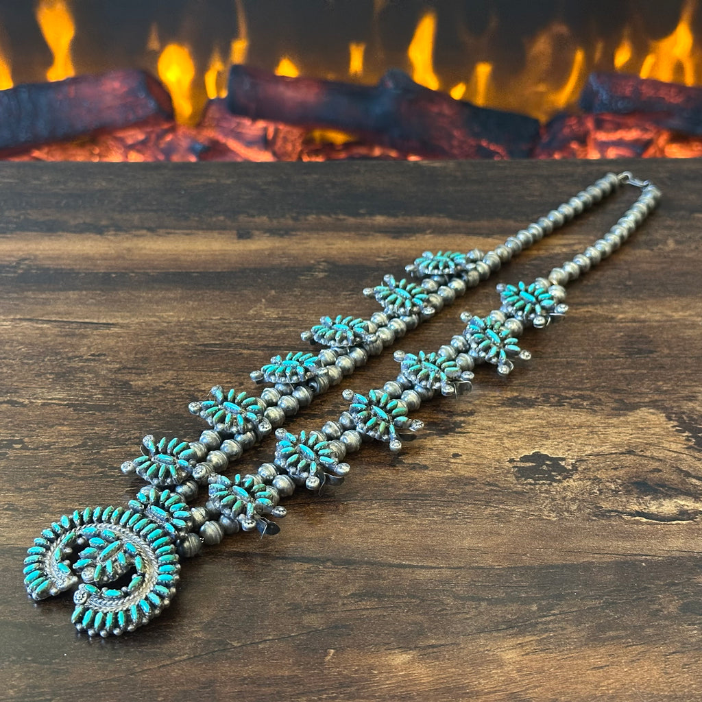 Vintage Turquoise 181 Stone Sterling Needlepoint Squash Blossom