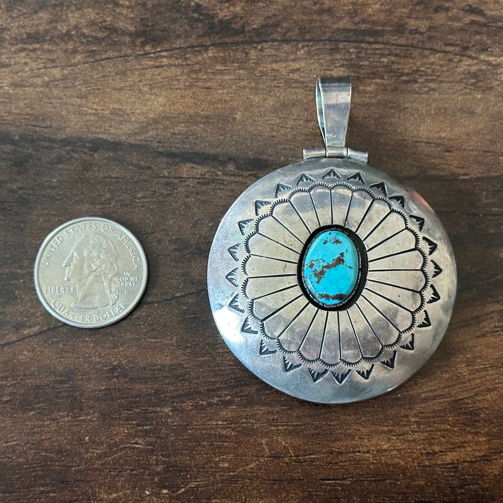 Reversible Turquoise Sterling Hand Stamped Shadowbox Bear Pendant