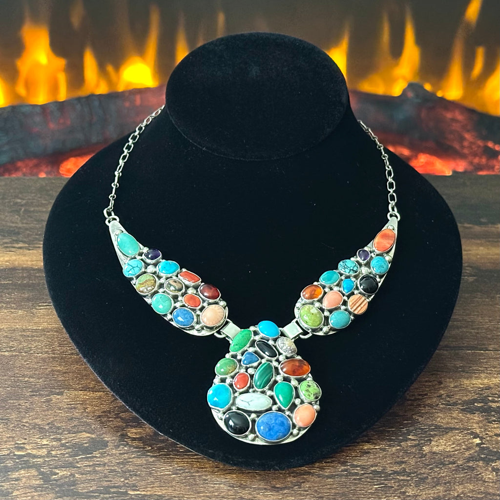 Navajo Emer Thompson Turquoise Onyx Amber Sodalite Red Coral Spiny Oyster Gaspeite Amethyst 40 Stone Sterling Cluster Teardrop Statement Necklace