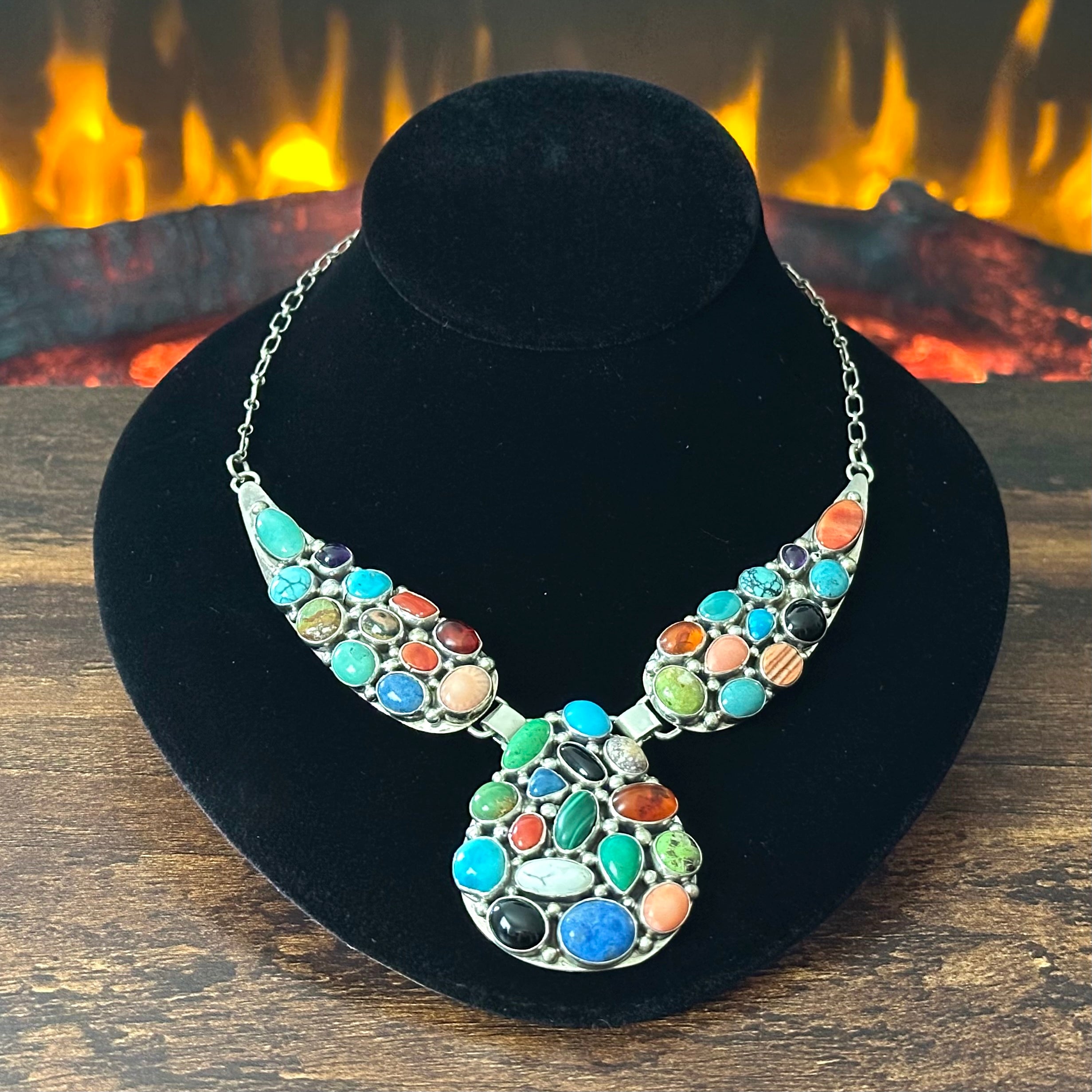 Navajo Emer Thompson Turquoise Onyx Amber Sodalite Red Coral Spiny Oyster Gaspeite Amethyst 40 Stone Sterling Cluster Teardrop Statement Necklace