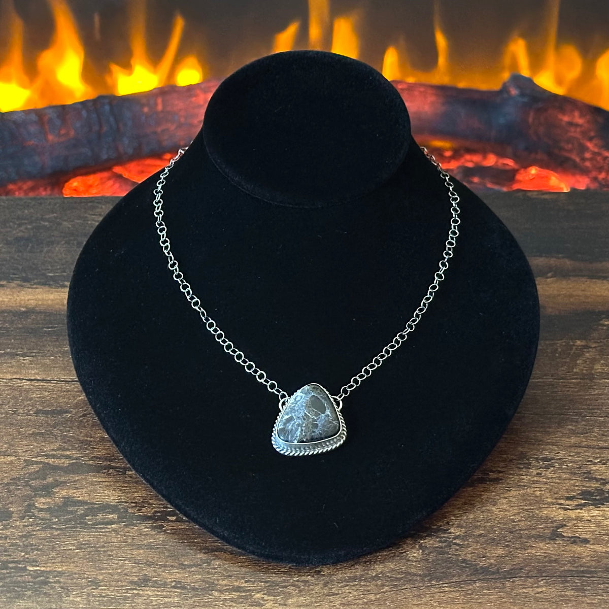 Navajo Hiram Largo White Buffalo Sterling Twist Wire Bezel Triangle Pendant Necklace
