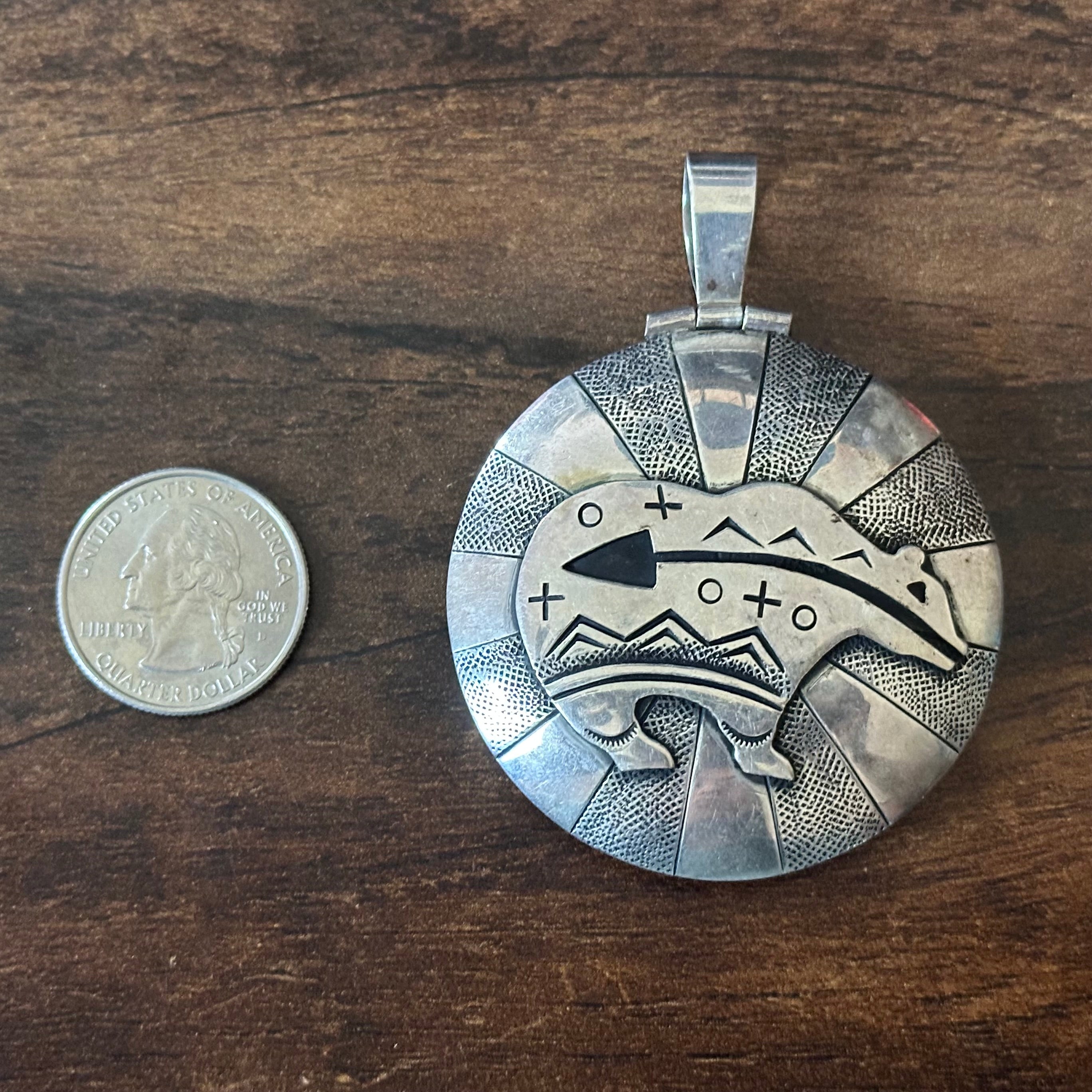 Reversible Turquoise Sterling Hand Stamped Shadowbox Bear Pendant