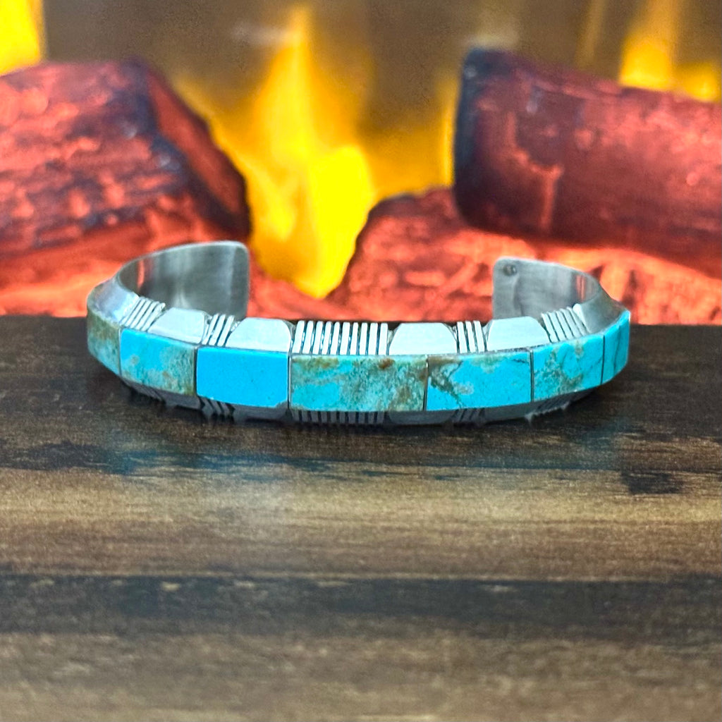 Navajo Steve Francisco Mine #8 Turquoise Sterling Wraparound Inlay Cuff