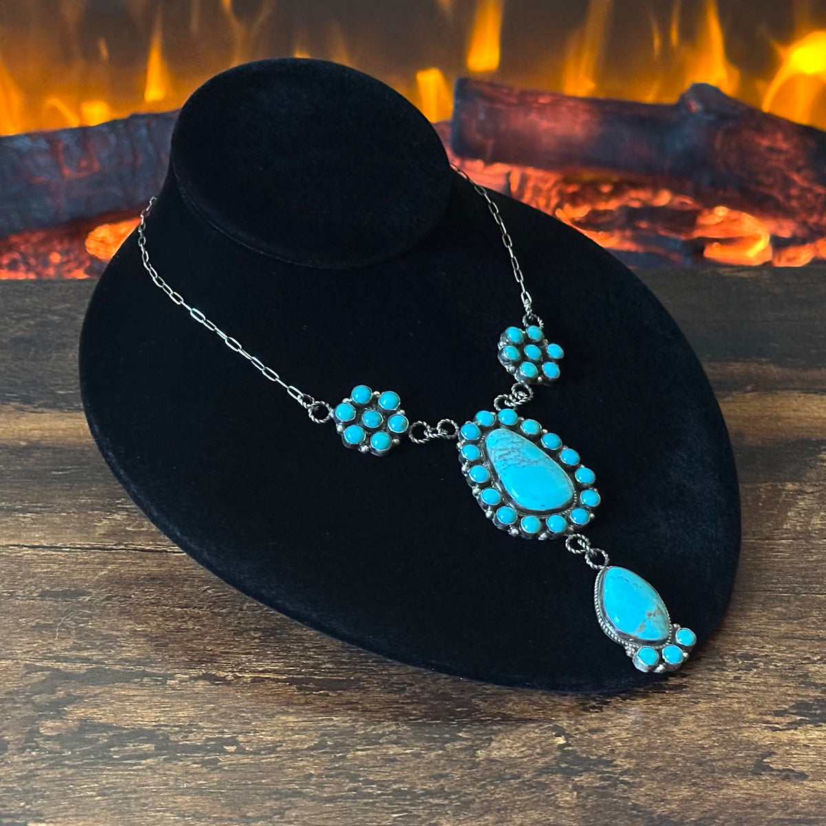Navajo Devin Brown Kingman Turquoise 34 Stone Sterling Cluster Lariat Necklace