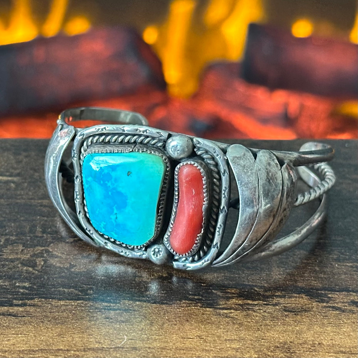 Vintage Turquoise Red Coral Sterling Hand Stamped Twist Wire Cuff