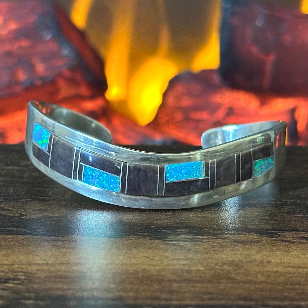 Jay Jay Signed Jasper Opal Sterling Geometric Inlay Cuff
