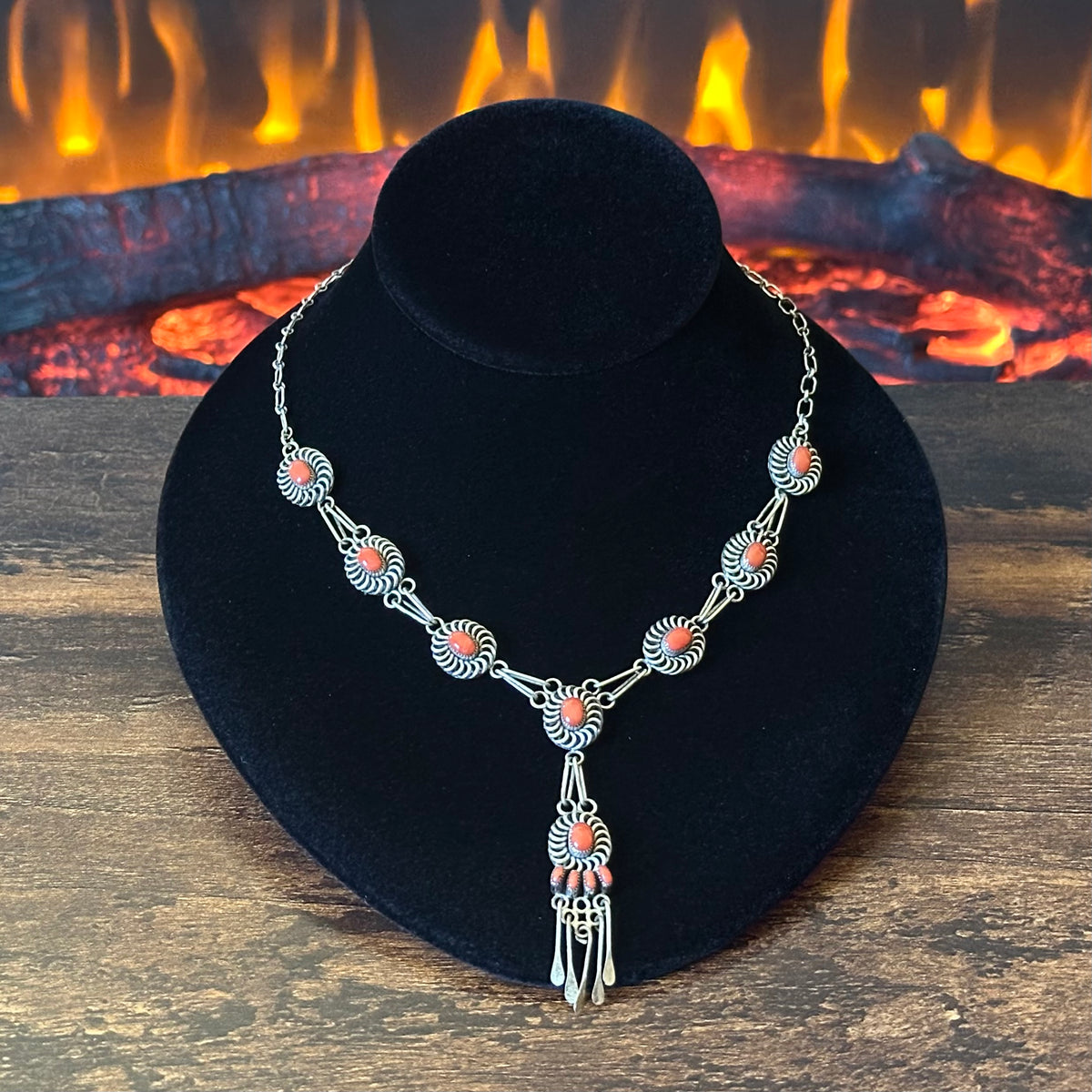 Zuni Al Lemontino Signed Vintage Red Coral 12 Stone Sterling Lariat Tassel Necklace