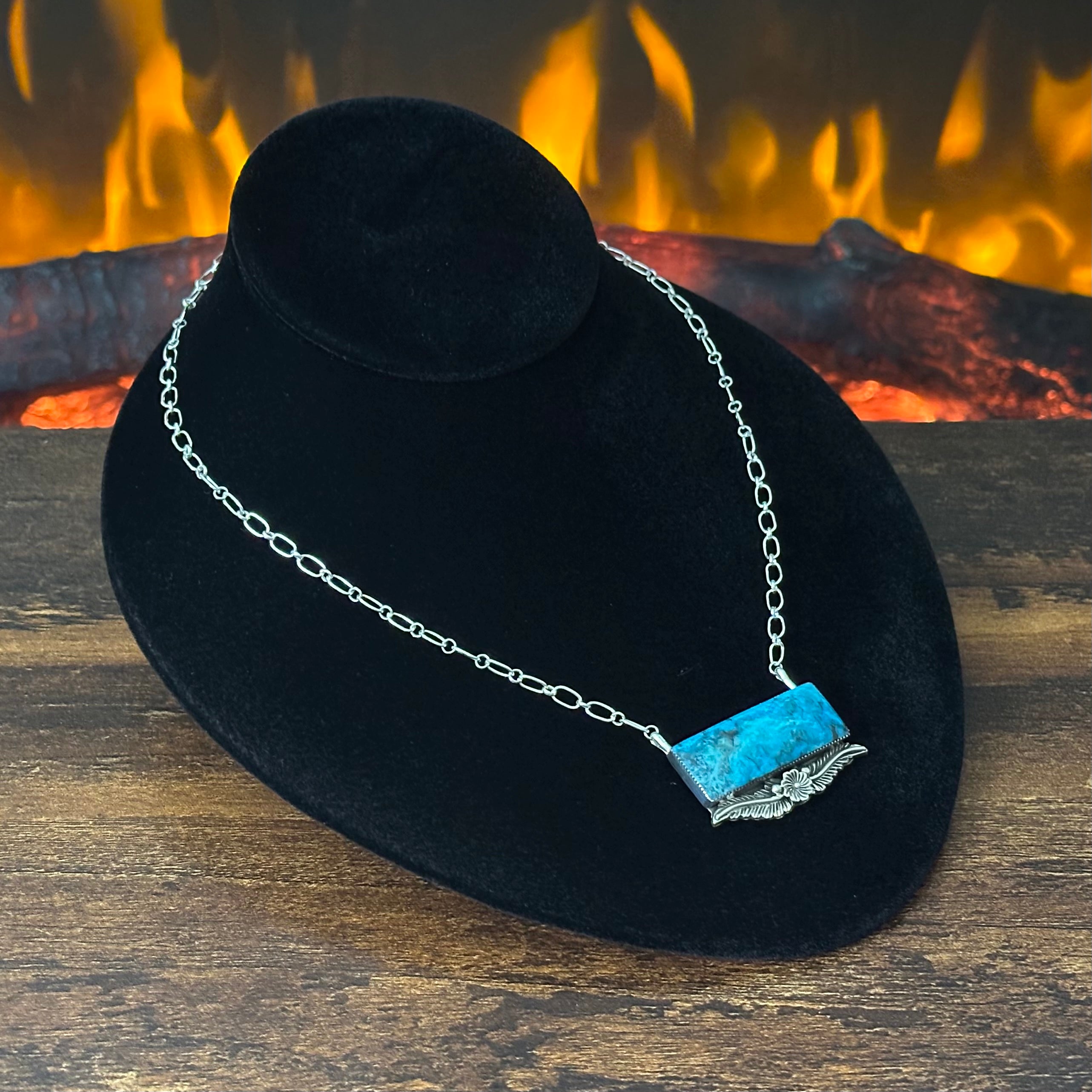 Navajo Gregg Yazzie Turquoise Sterling Floral Leaf Bar Pendant Necklace