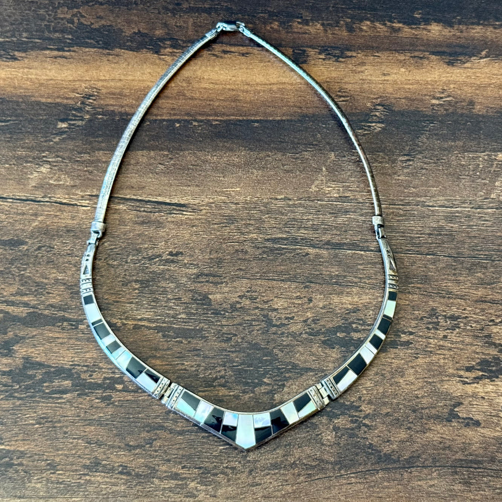 Navajo Supersmith Inc. Onyx Mother of Pearl Sterling Hinged Inlay Statement Necklace