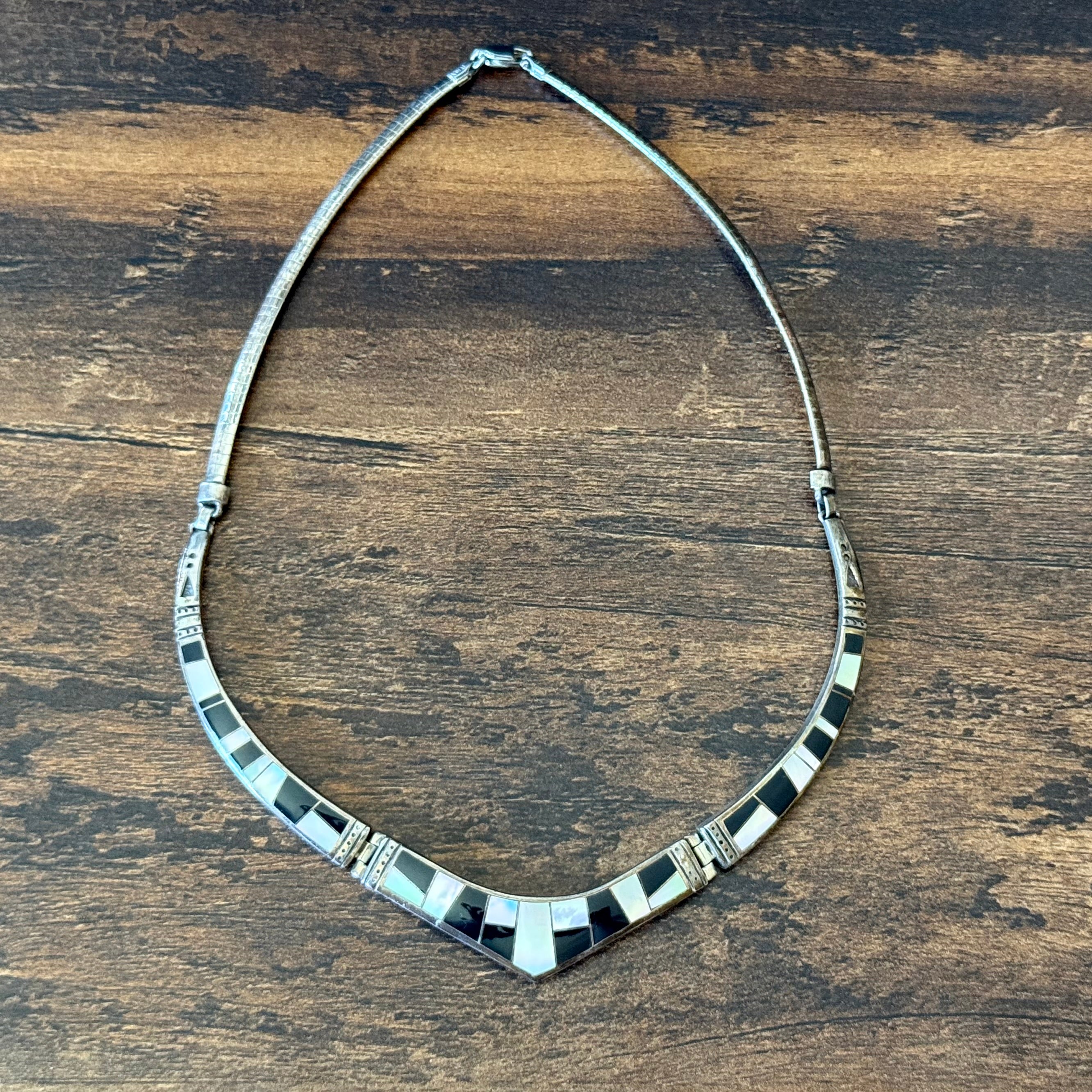 Navajo Supersmith Inc. Onyx Mother of Pearl Sterling Hinged Inlay Statement Necklace