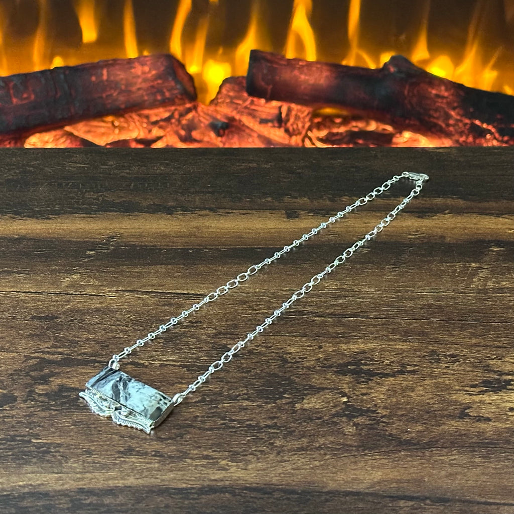 Navajo Gregg Yazzie White Buffalo Sterling Feather Bar Pendant Necklace